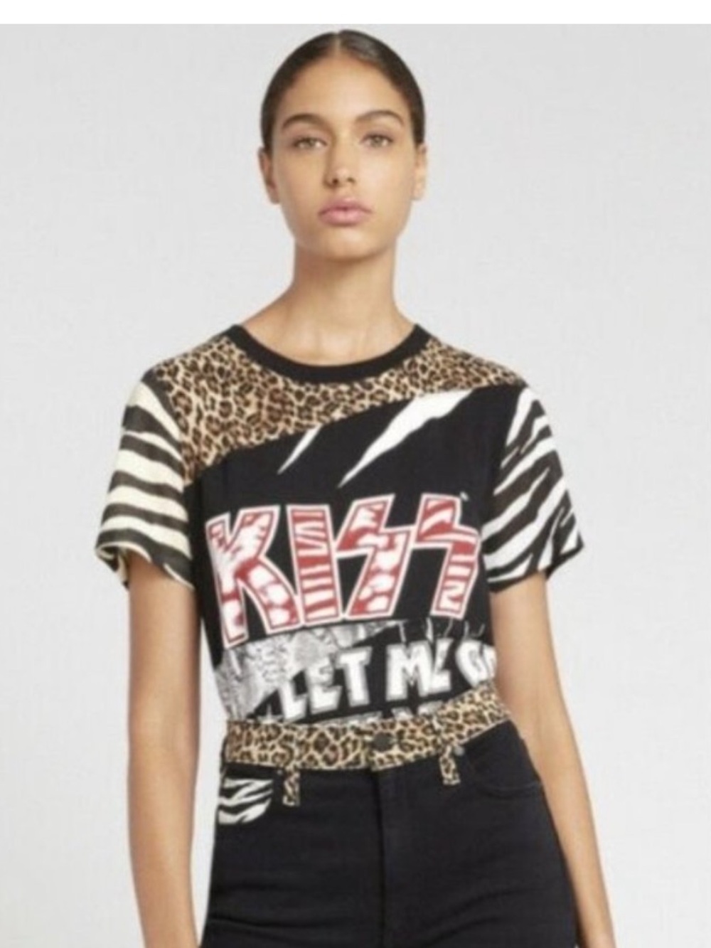 Alice Olivia Jeans KISS Black, White & Brown Animal-Print Graphic Tee S/P